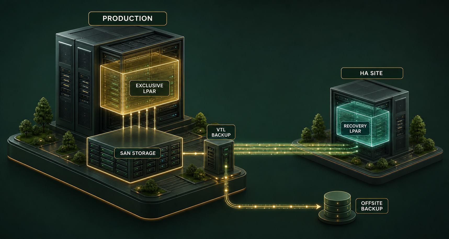 Diagram of Paragon IBM i production hosting with an exclusive LPAR, SAN storage, VTL backups, an HA recovery site, and offsite backup storage